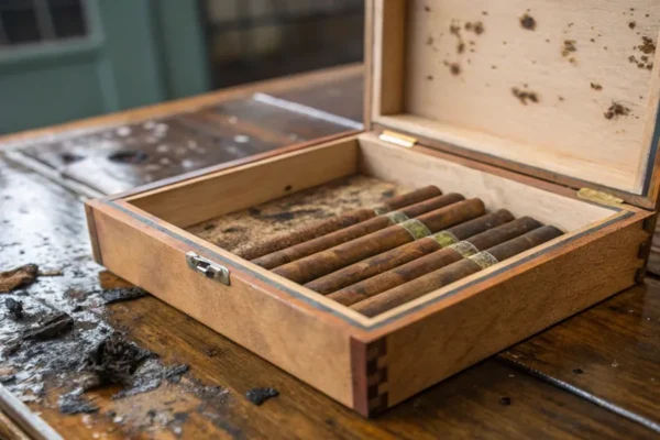 humidor-de-puros-en-mal-estado-con-humedad-y-moho-en-caja-de-madera